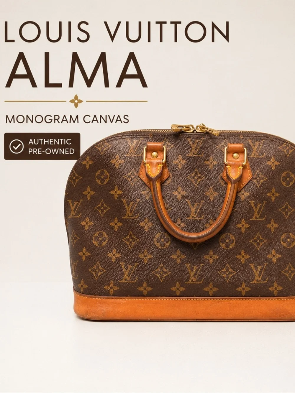 Louis Vuitton Brown Monogram Alma Satchel with Tan Trim